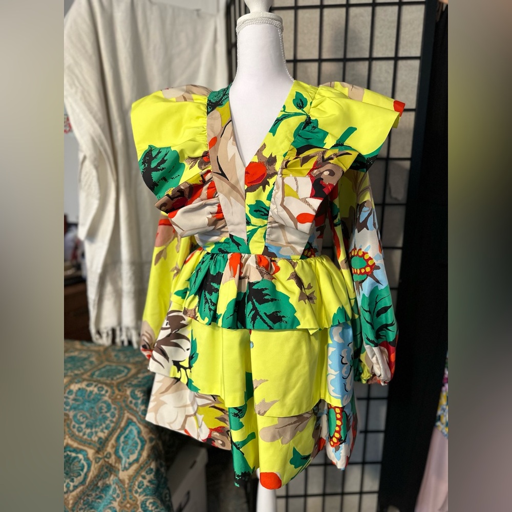 Christopher John Rogers Neon Yellow Floral Mini Dress